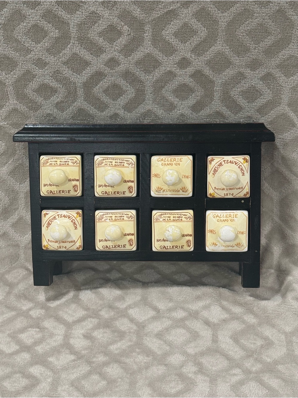 Vintage French Apothecary Spice Chest - 8 Wine Label Ceramic Drawers 1874
